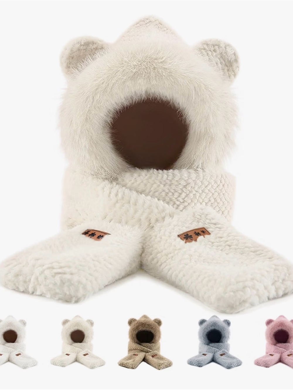 Plush Bear Hooded Scarf - Cream